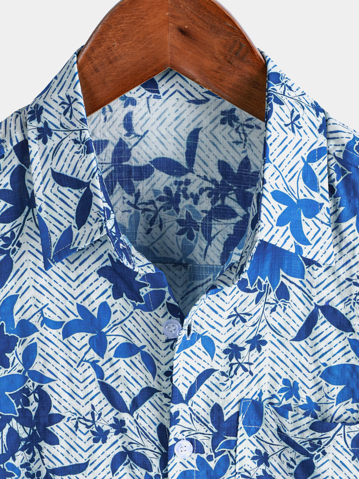 Men's Hawaiian Beach Blue Floral Print Breathable Lightweight Chest Pocket Short Sleeve Shirt