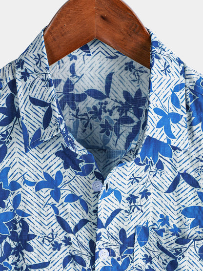 Men's Hawaiian Beach Blue Floral Print Breathable Lightweight Chest Pocket Short Sleeve Shirt