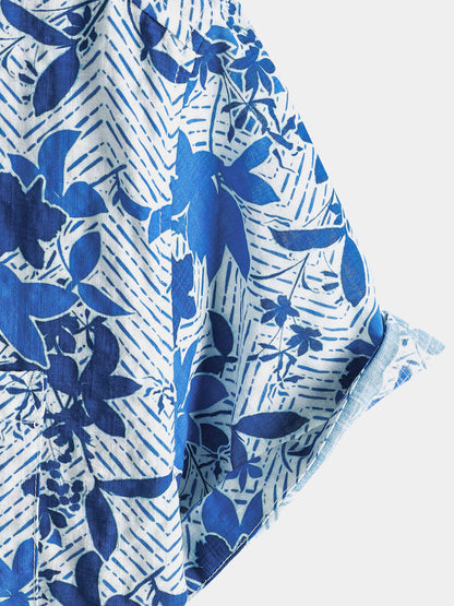 Men's Hawaiian Beach Blue Floral Print Breathable Lightweight Chest Pocket Short Sleeve Shirt