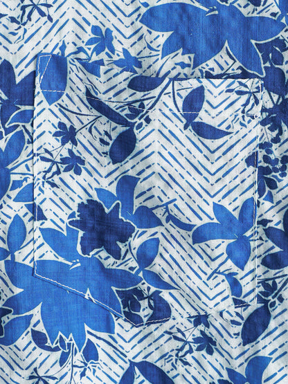 Men's Hawaiian Beach Blue Floral Print Breathable Lightweight Chest Pocket Short Sleeve Shirt