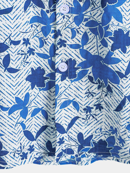 Men's Hawaiian Beach Blue Floral Print Breathable Lightweight Chest Pocket Short Sleeve Shirt