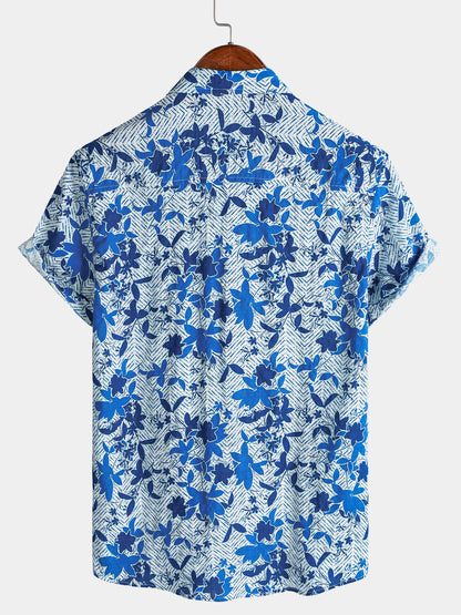 Men's Hawaiian Beach Blue Floral Print Breathable Lightweight Chest Pocket Short Sleeve Shirt
