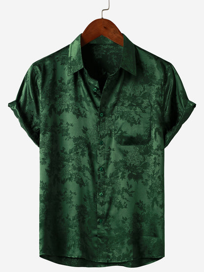 Men's Jacquard Pocket Silky Satin Floral Short Sleeve Shirt