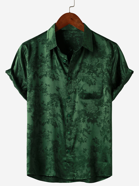 Men's Jacquard Pocket Silky Satin Floral Short Sleeve Shirt