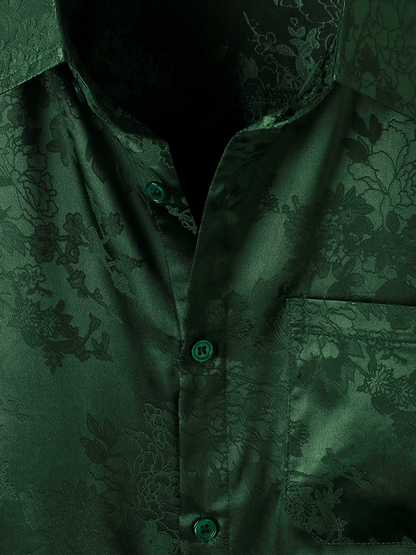 Men's Jacquard Pocket Silky Satin Floral Short Sleeve Shirt