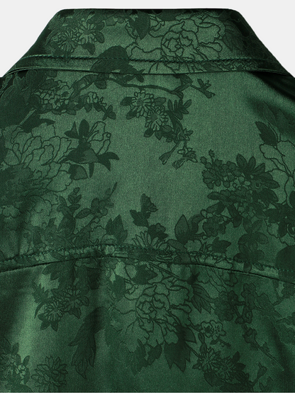 Men's Jacquard Pocket Silky Satin Floral Short Sleeve Shirt