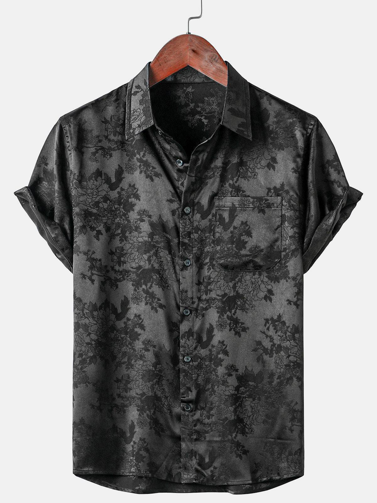 Men's Casual Jacquard Silky Satin Floral Pocket Short Sleeve Shirt