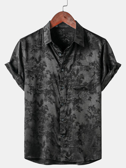 Men's Casual Jacquard Silky Satin Floral Pocket Short Sleeve Shirt