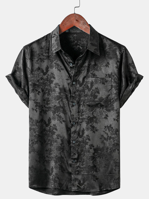 Men's Casual Jacquard Silky Satin Floral Pocket Short Sleeve Shirt