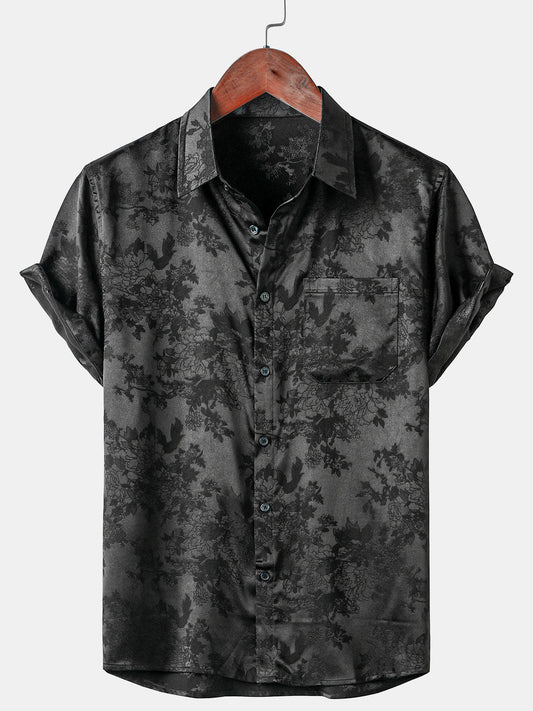 Men's Casual Jacquard Silky Satin Floral Pocket Short Sleeve Shirt