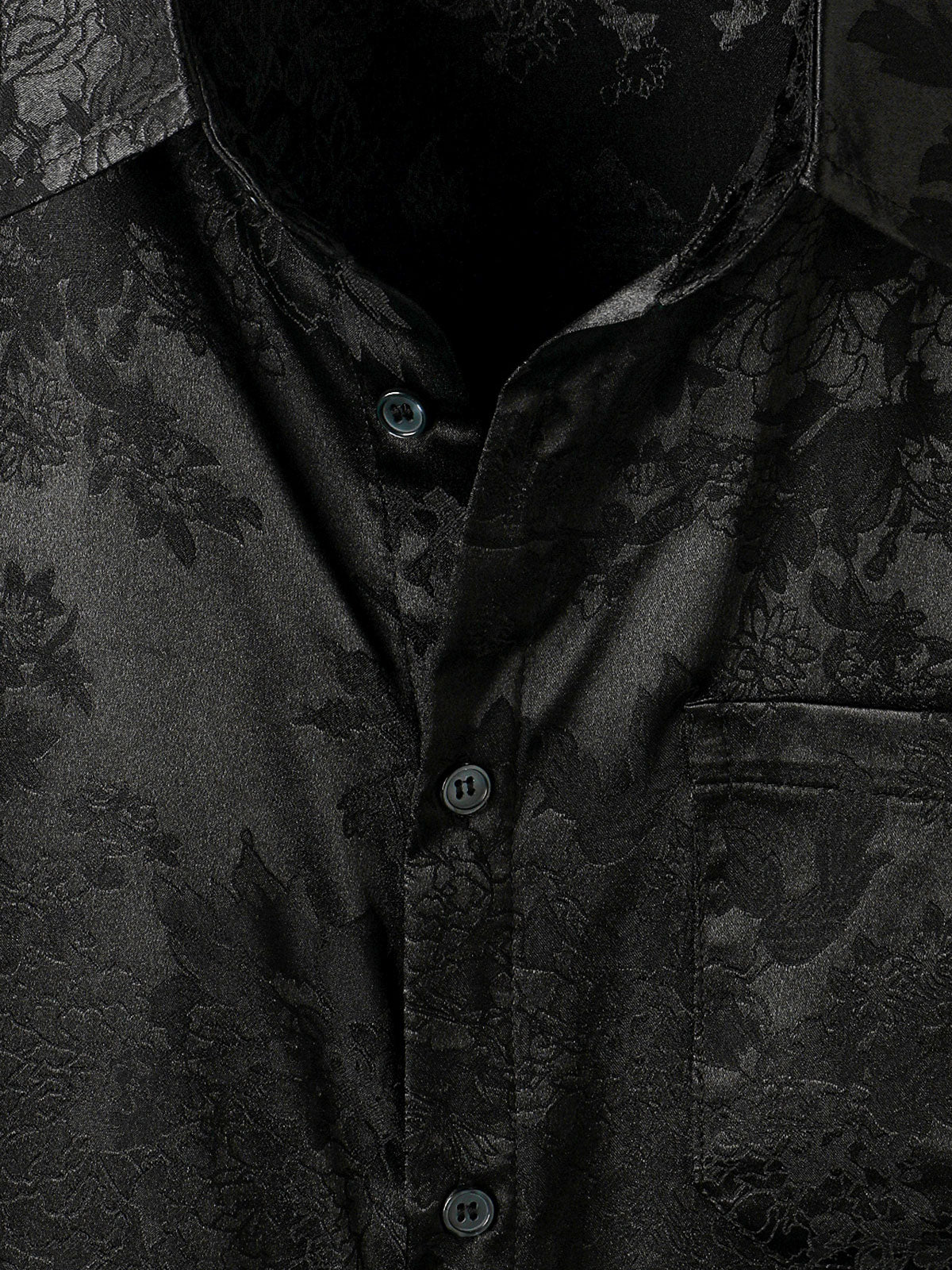 Men's Casual Jacquard Silky Satin Floral Pocket Short Sleeve Shirt
