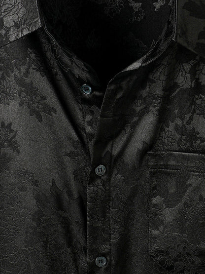 Men's Casual Jacquard Silky Satin Floral Pocket Short Sleeve Shirt