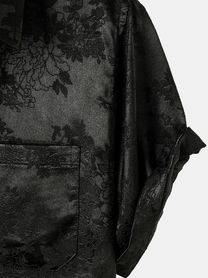 Men's Casual Jacquard Silky Satin Floral Pocket Short Sleeve Shirt