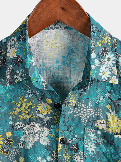 Men's Hawaiian Tropical White Yellow Floral Print Chest Pocket Short Sleeve Shirt