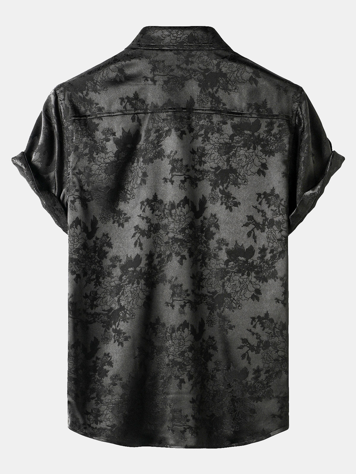 Men's Casual Jacquard Silky Satin Floral Pocket Short Sleeve Shirt