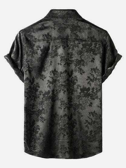 Men's Casual Jacquard Silky Satin Floral Pocket Short Sleeve Shirt