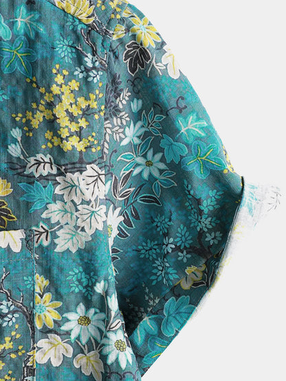 Men's Hawaiian Tropical White Yellow Floral Print Chest Pocket Short Sleeve Shirt