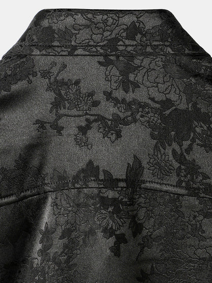 Men's Casual Jacquard Silky Satin Floral Pocket Short Sleeve Shirt
