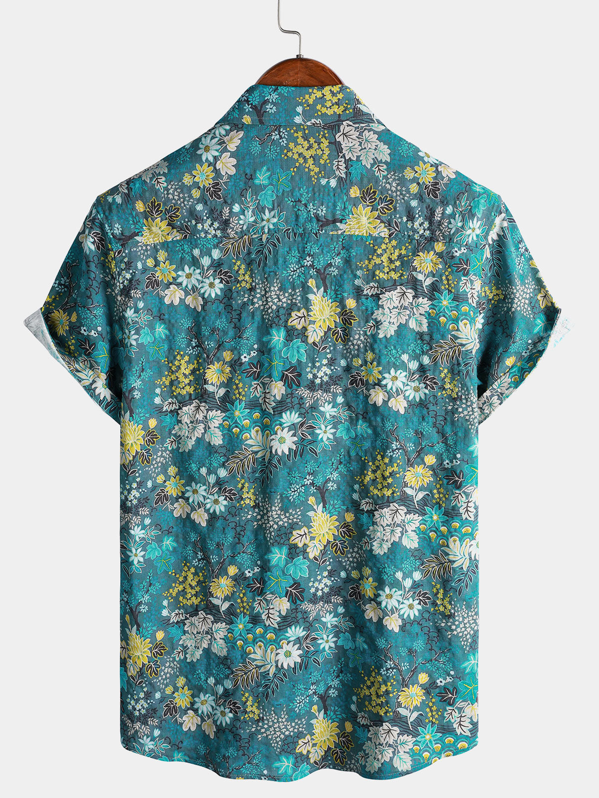 Men's Hawaiian Tropical White Yellow Floral Print Chest Pocket Short Sleeve Shirt