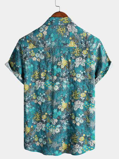 Men's Hawaiian Tropical White Yellow Floral Print Chest Pocket Short Sleeve Shirt