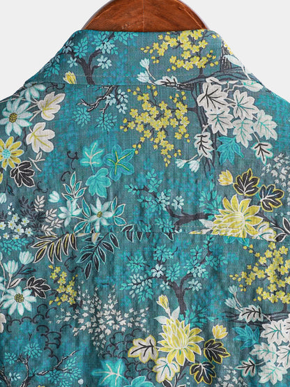 Men's Hawaiian Tropical White Yellow Floral Print Chest Pocket Short Sleeve Shirt