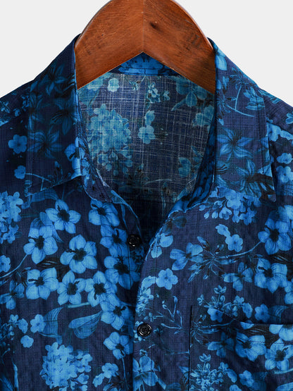 Men's Hawaiian Vintage Dark Blue Floral Print Chest Pocket Short Sleeve Shirt