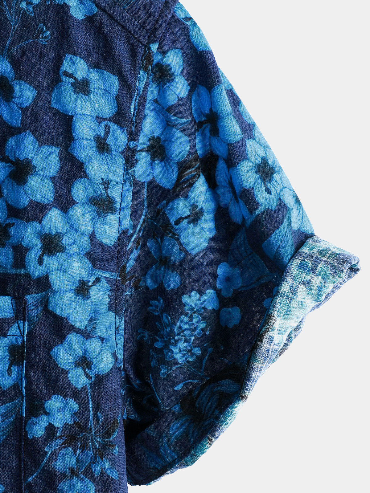 Men's Hawaiian Vintage Dark Blue Floral Print Chest Pocket Short Sleeve Shirt