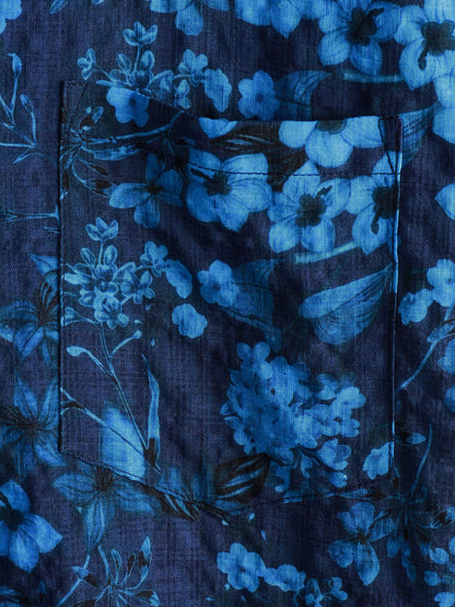 Men's Hawaiian Vintage Dark Blue Floral Print Chest Pocket Short Sleeve Shirt