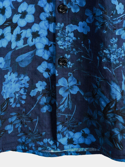 Men's Hawaiian Vintage Dark Blue Floral Print Chest Pocket Short Sleeve Shirt