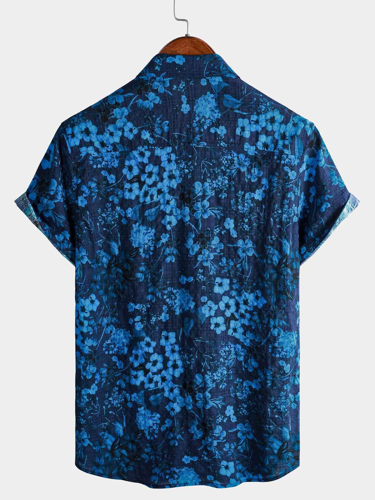 Men's Hawaiian Vintage Dark Blue Floral Print Chest Pocket Short Sleeve Shirt