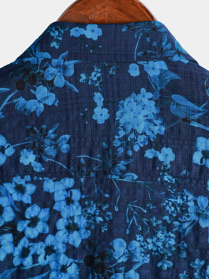 Men's Hawaiian Vintage Dark Blue Floral Print Chest Pocket Short Sleeve Shirt
