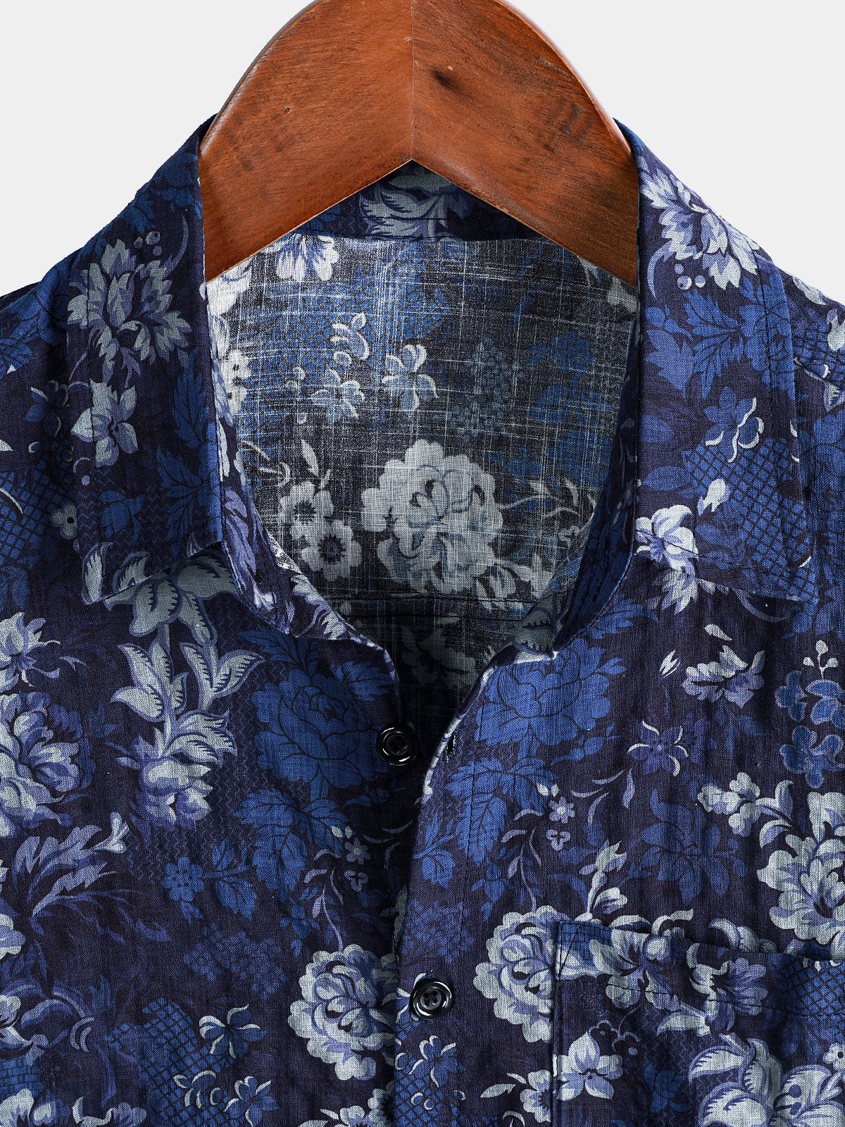 Men's Hawaiian Blue Floral Print Breathable Lightweight Cotton Chest Pocket Short Sleeve Shirt