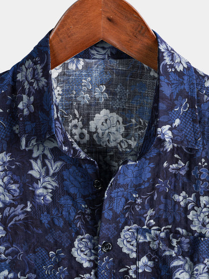 Men's Hawaiian Blue Floral Print Breathable Lightweight Cotton Chest Pocket Short Sleeve Shirt