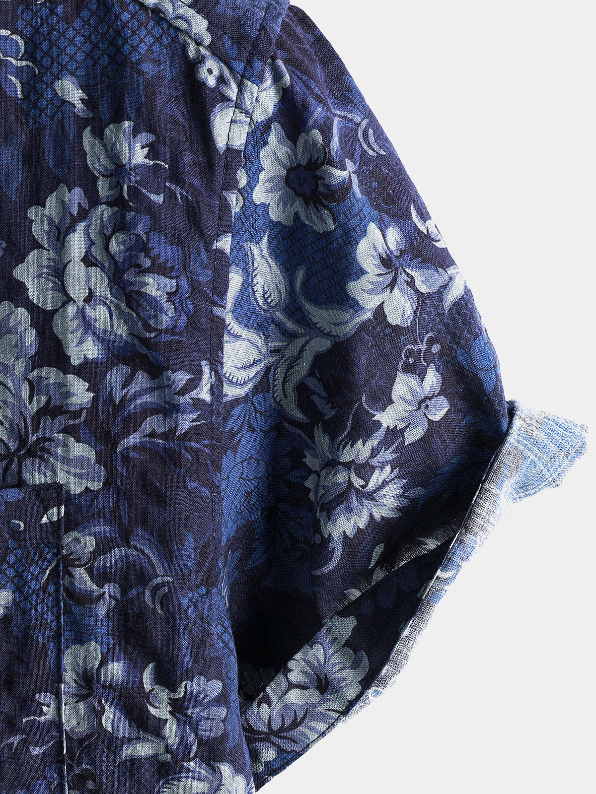 Men's Hawaiian Blue Floral Print Breathable Lightweight Cotton Chest Pocket Short Sleeve Shirt