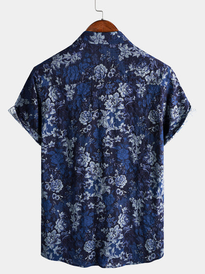 Men's Hawaiian Blue Floral Print Breathable Lightweight Cotton Chest Pocket Short Sleeve Shirt