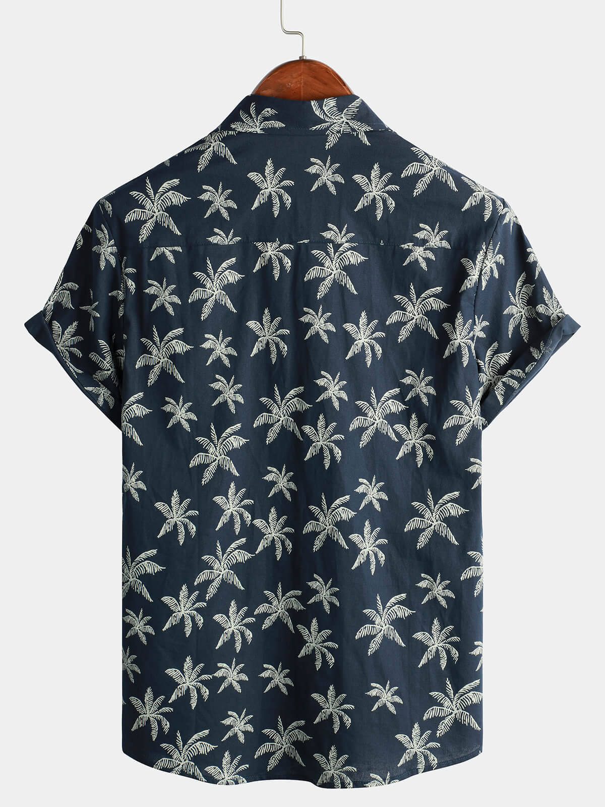 Men's Palm Tree Print Cotton Navy Blue Button Up Short Sleeve Hawaiian Shirt