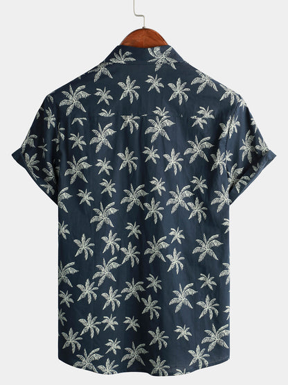 Men's Palm Tree Print Cotton Navy Blue Button Up Short Sleeve Hawaiian Shirt