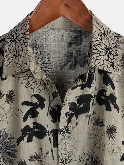 Men's Retro Flower Print Floral Button Up Vintage Holiday Short Sleeve Shirt
