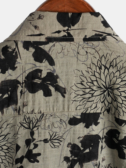 Men's Retro Flower Print Floral Button Up Vintage Holiday Short Sleeve Shirt