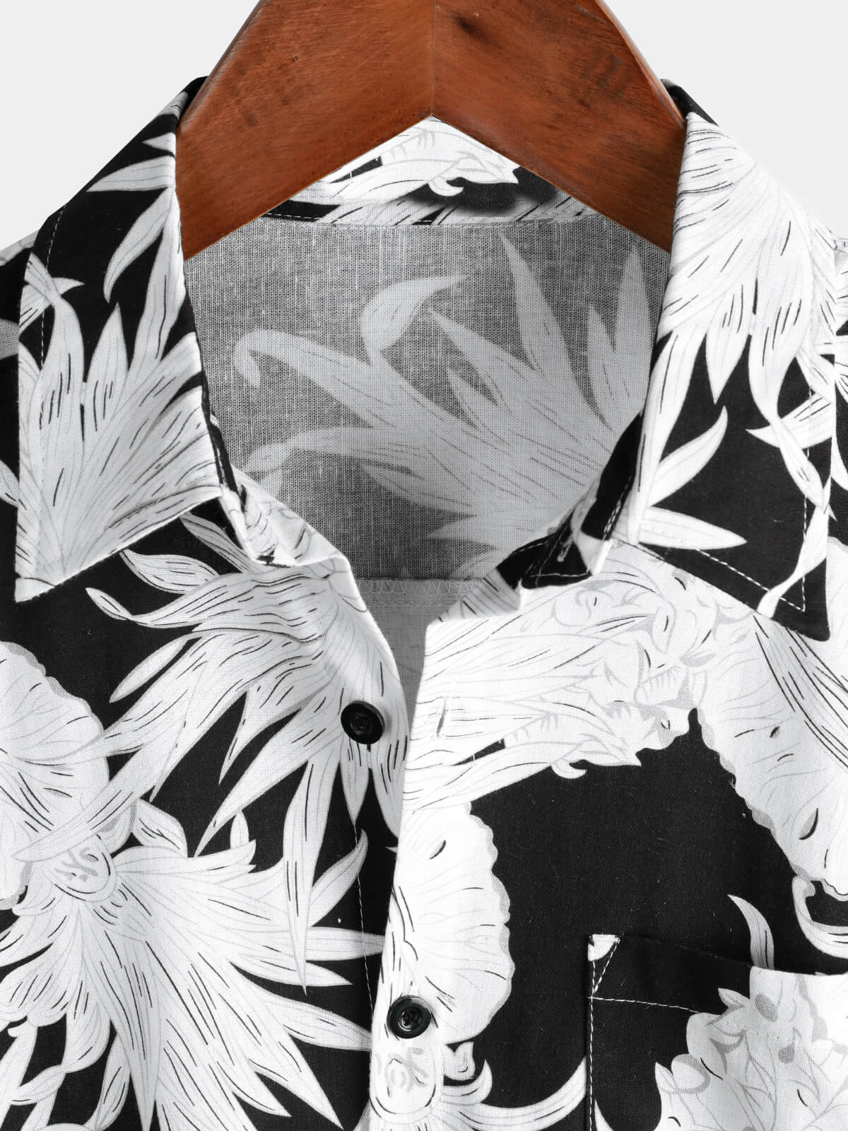 Men's Pineapple Print Cotton Linen Black and White Hawaiian Button Up Short Sleeve Shirt
