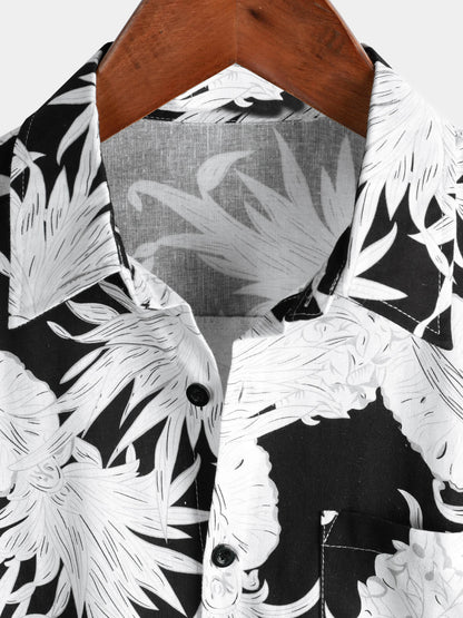 Men's Pineapple Print Cotton Linen Black and White Hawaiian Button Up Short Sleeve Shirt
