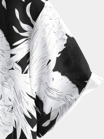 Men's Pineapple Print Cotton Linen Black and White Hawaiian Button Up Short Sleeve Shirt