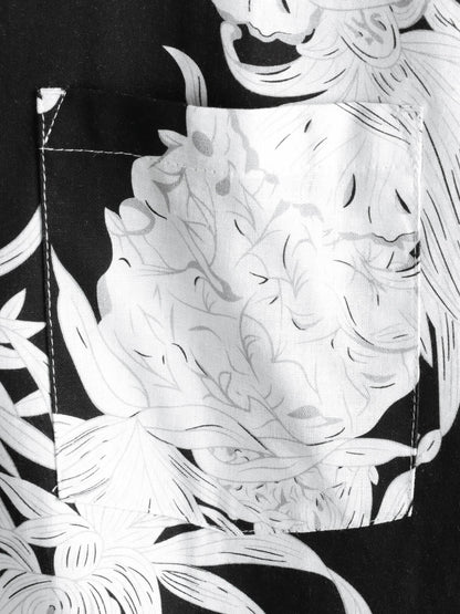 Men's Pineapple Print Cotton Linen Black and White Hawaiian Button Up Short Sleeve Shirt