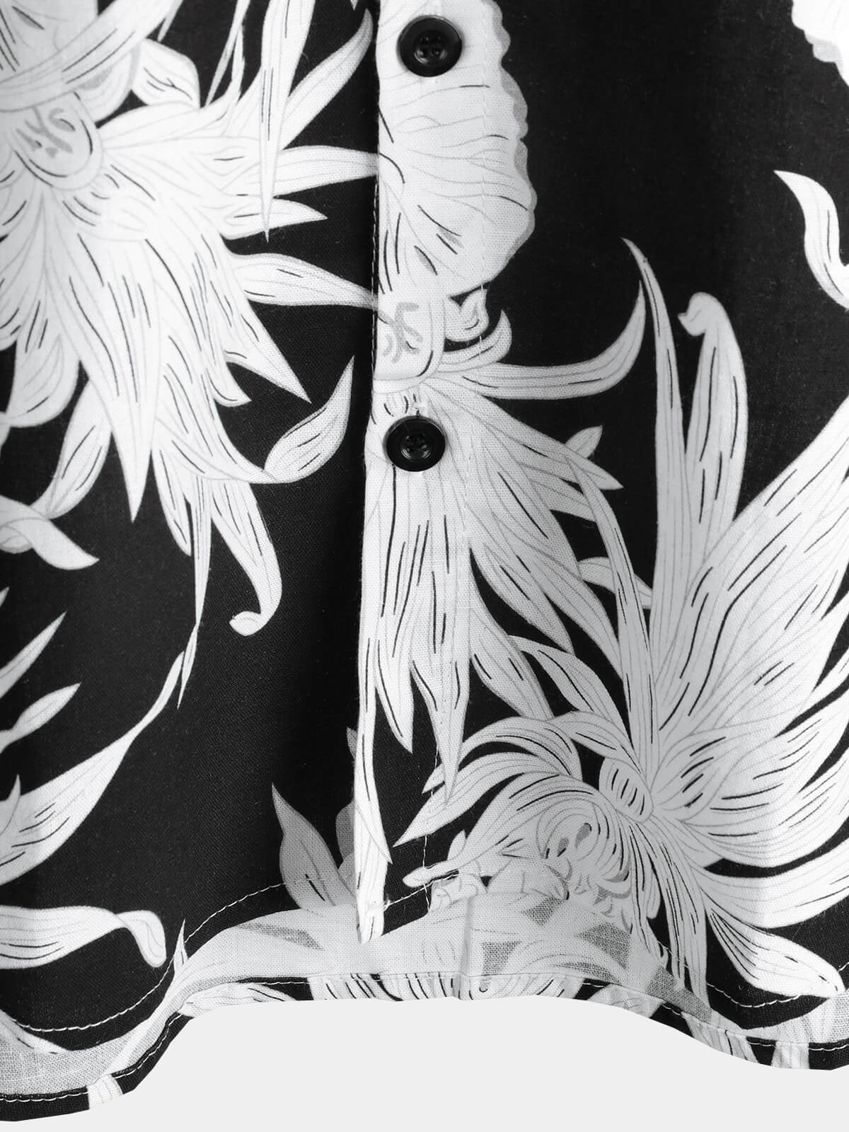 Men's Pineapple Print Cotton Linen Black and White Hawaiian Button Up Short Sleeve Shirt
