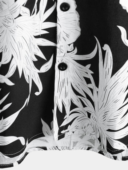 Men's Pineapple Print Cotton Linen Black and White Hawaiian Button Up Short Sleeve Shirt