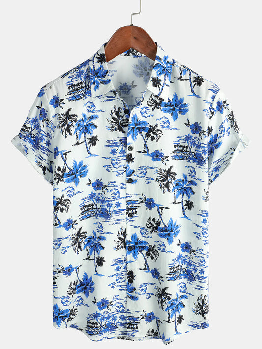 Men's Tropical Palm Tree Print Summer Vacation Cotton Aloha Short Sleeve Hawaiian Shirt
