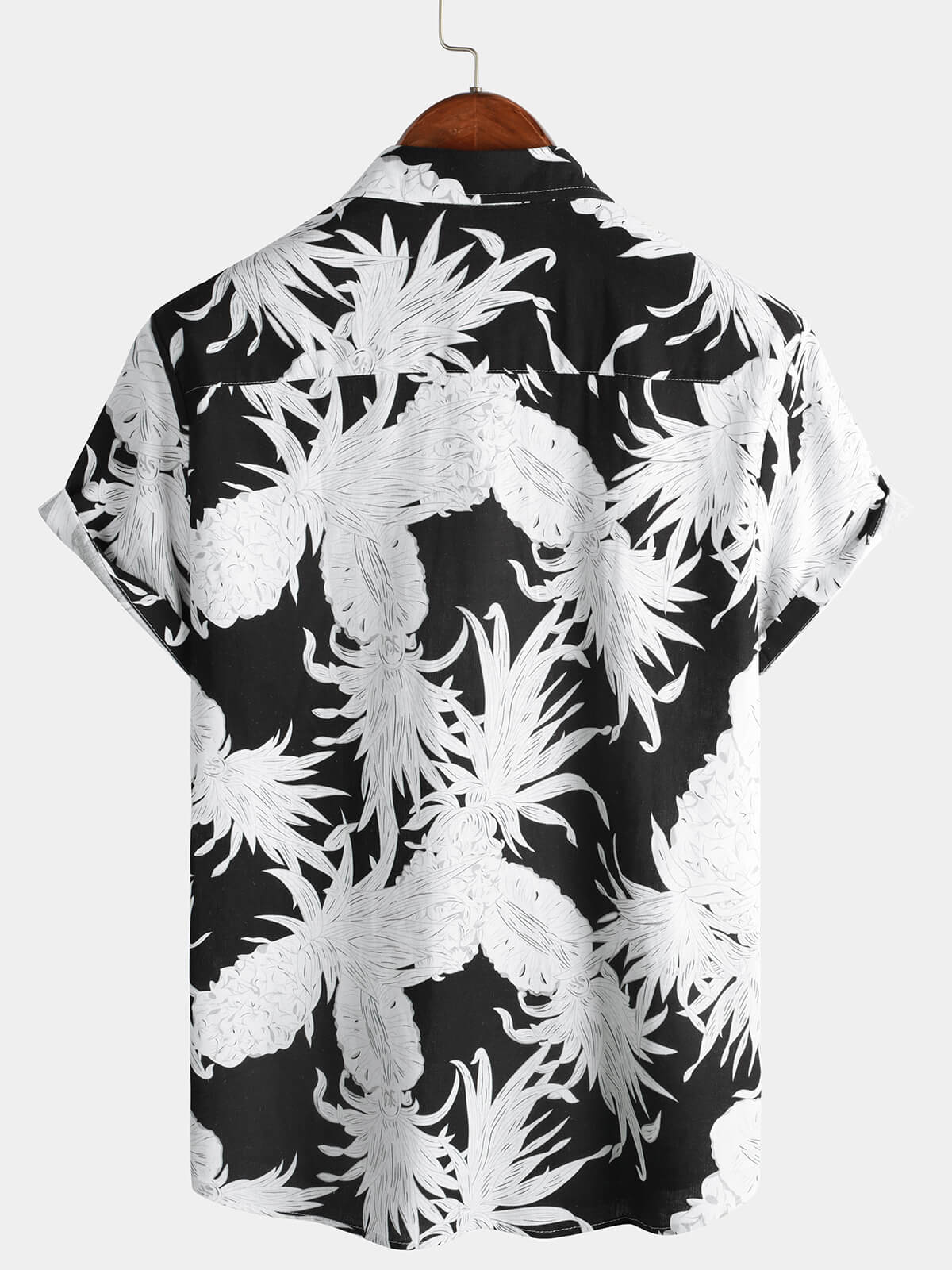 Men's Pineapple Print Cotton Linen Black and White Hawaiian Button Up Short Sleeve Shirt