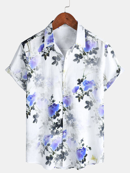Men's Casual Holiday Summer Floral Print Short Sleeve Cotton Shirt