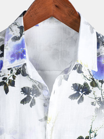 Men's Casual Holiday Summer Floral Print Short Sleeve Cotton Shirt
