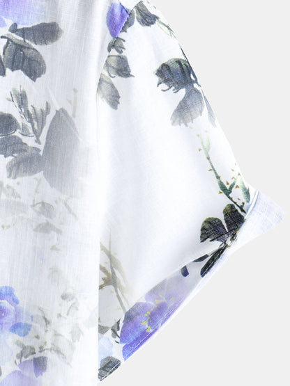 Men's Casual Holiday Summer Floral Print Short Sleeve Cotton Shirt